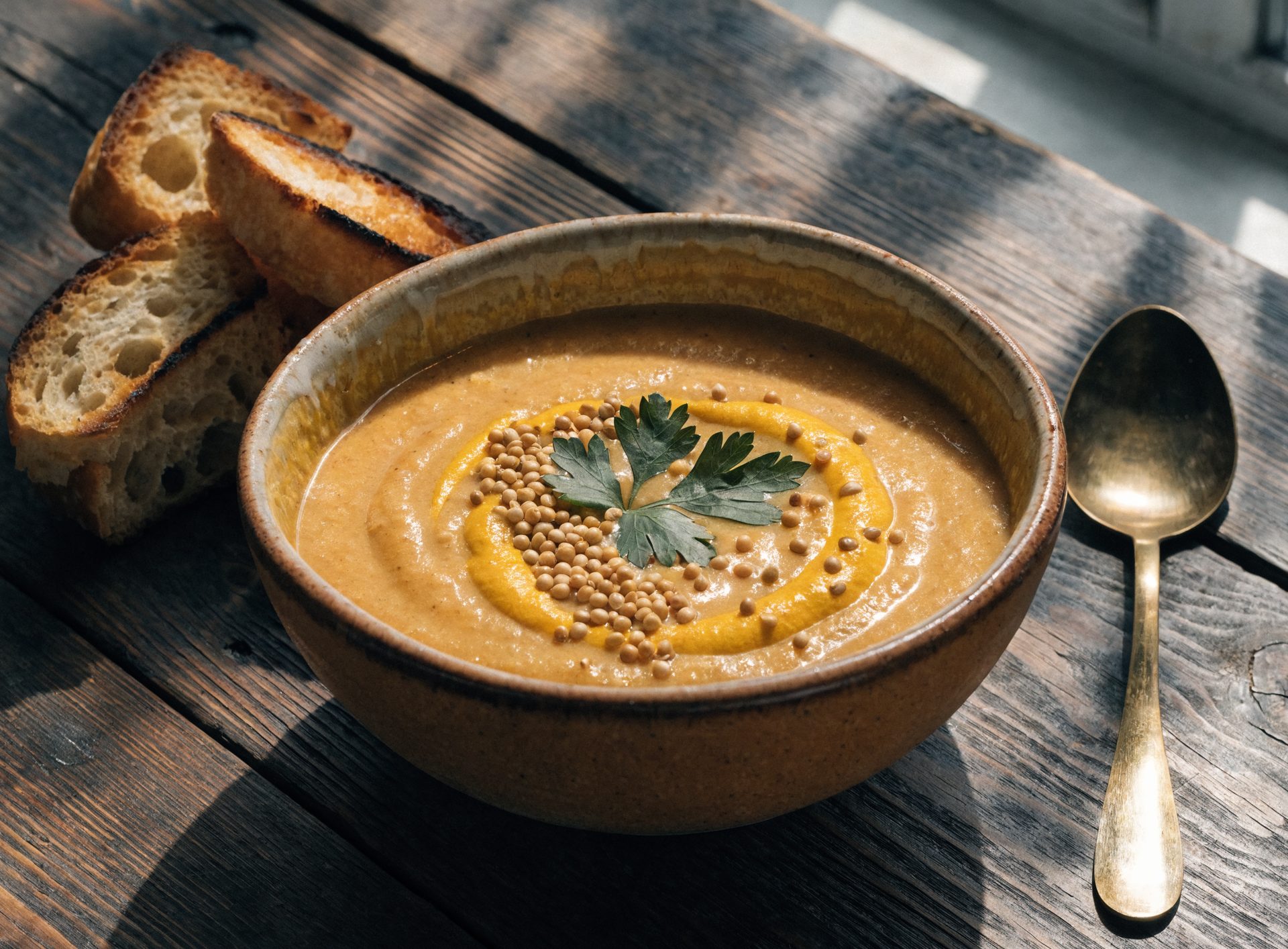 Cremige goldgelbe Senfsuppe in rustikaler Schale mit Senfsaaten und Sauerteigcroûtons