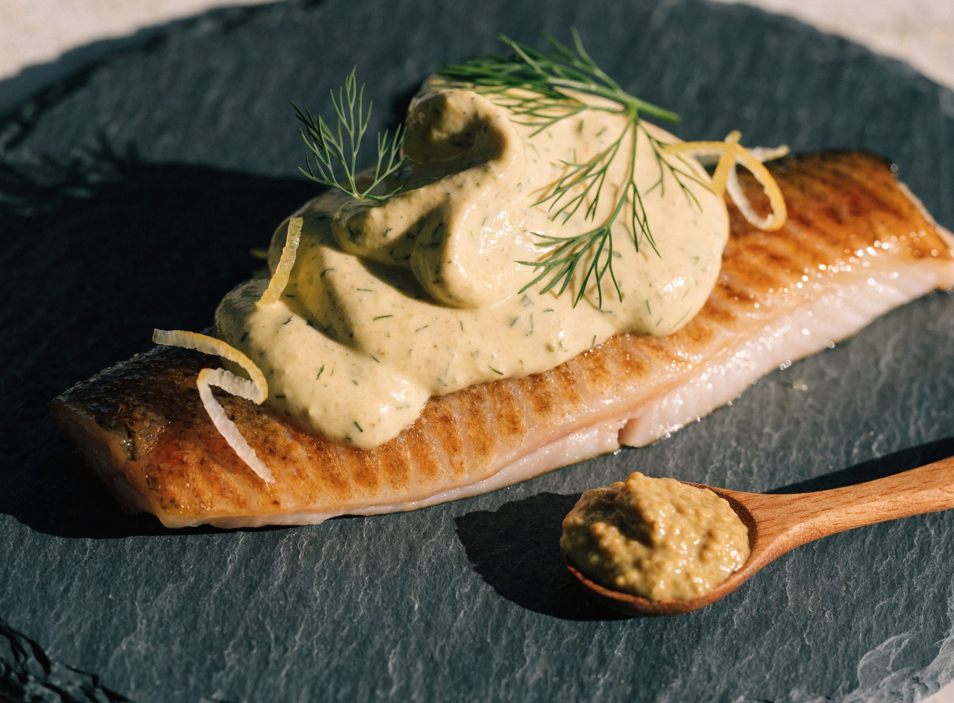 Filet geräucherte Forelle auf Schieferplatte mit cremiger Dill-Senf-Sauce und Dill-Garnitur