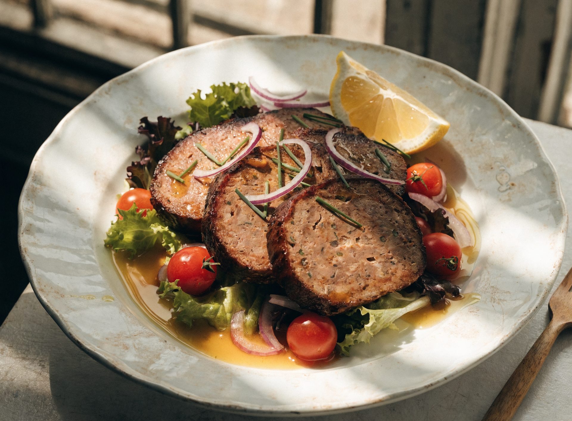 Knusprige Leberkäsescheiben auf gemischtem Salat mit Honig-Senf-Vinaigrette und Tomaten