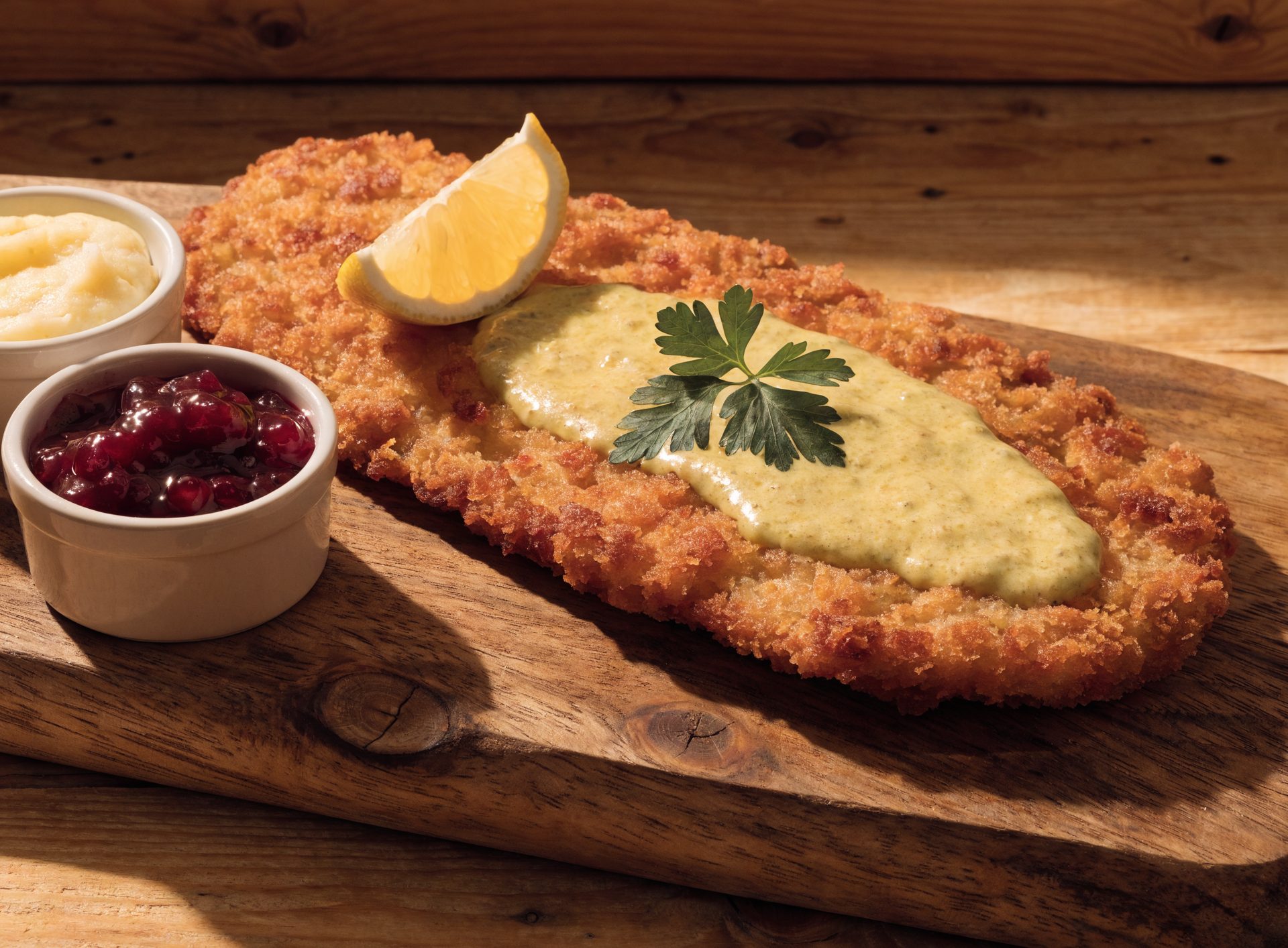 Goldbraunes Senf-Schnitzel mit Honigsenf-Glasur auf Holzbrett, mit Zitronenscheibe und Petersilie