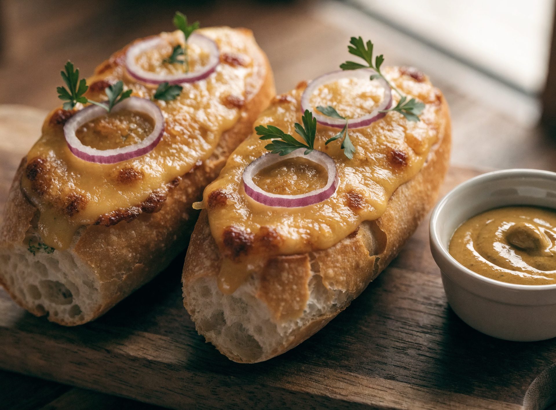 Goldbraun überbackene Baguettehälften mit Senf-Käse-Crème und Kräutern auf Holzbrett