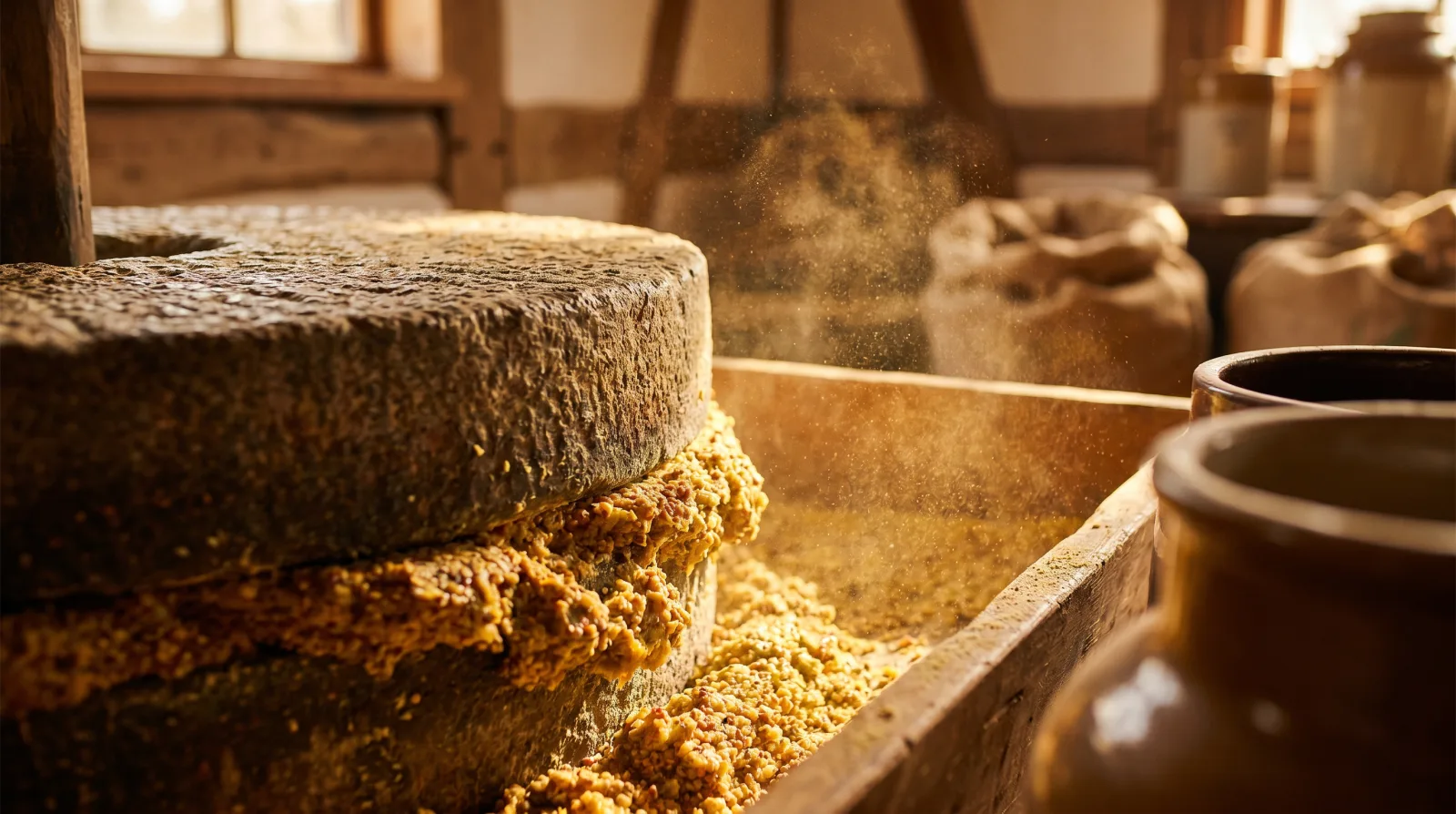 Goldene Senfsaat wird auf dem Mühlstein der Einbecker Senfmühle kaltvermahlen