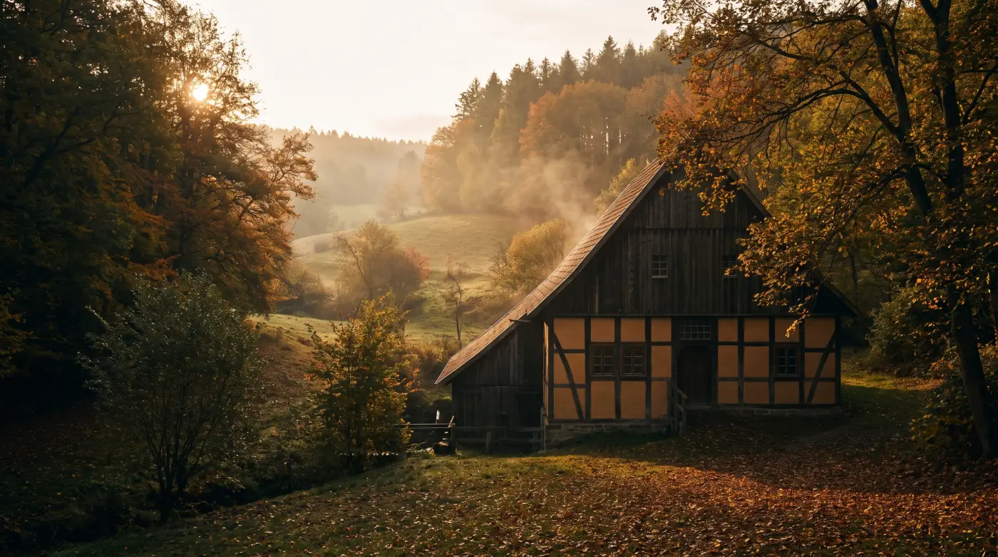 Die Einbecker Senfmühle — Fachwerkgebäude im Solling im goldenen Abendlicht