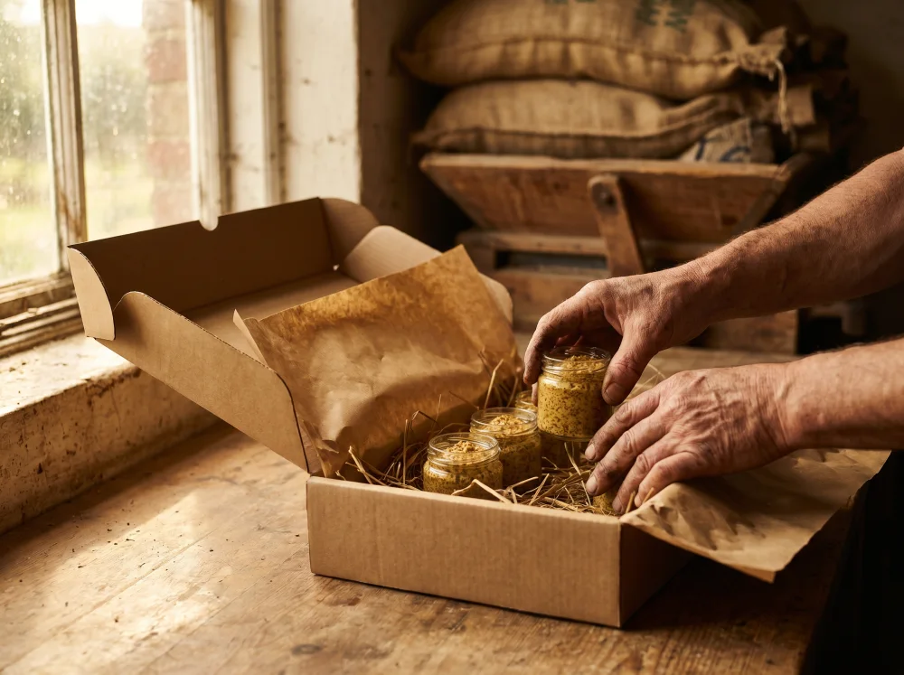 Senfgläser werden in der Einbecker Senfmühle von Hand versandfertig in einen Karton gepackt