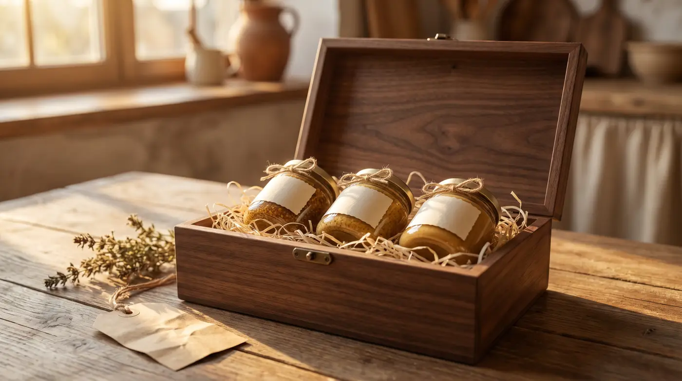 Hochwertige Holz-Geschenkbox mit drei Senfgläsern in Holzwolle — Private-Label-Geschenkidee