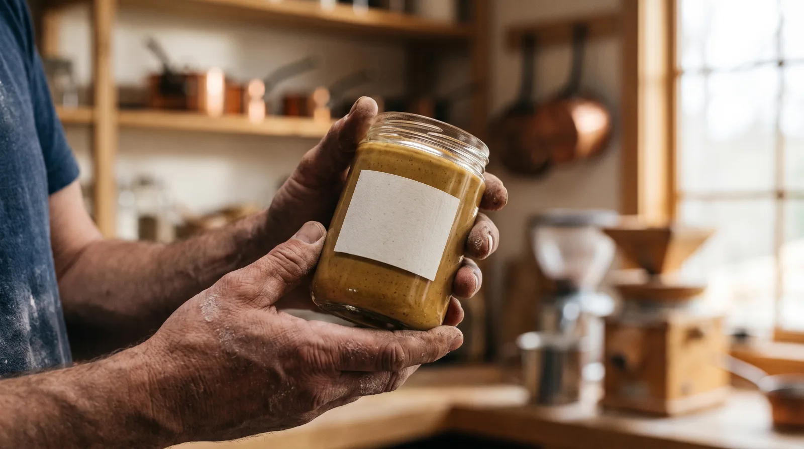 Hände halten ein Senfglas mit blankem Etikett — Private-Label-Produktion der Einbecker Senfmühle