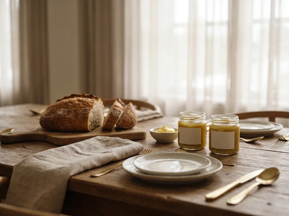 Gedeckter Frühstückstisch mit Senfgläsern unter eigener Marke in Boutique-Hotel-Atmosphäre